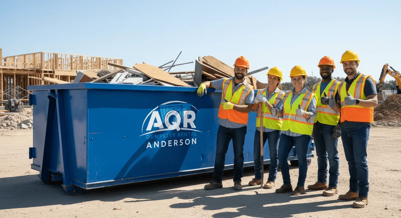 Meet the AQR Dumpster Rental Team - Anderson, SC The AQR Dumpster Rental team talking through a job in front of the company yard sign in Anderson